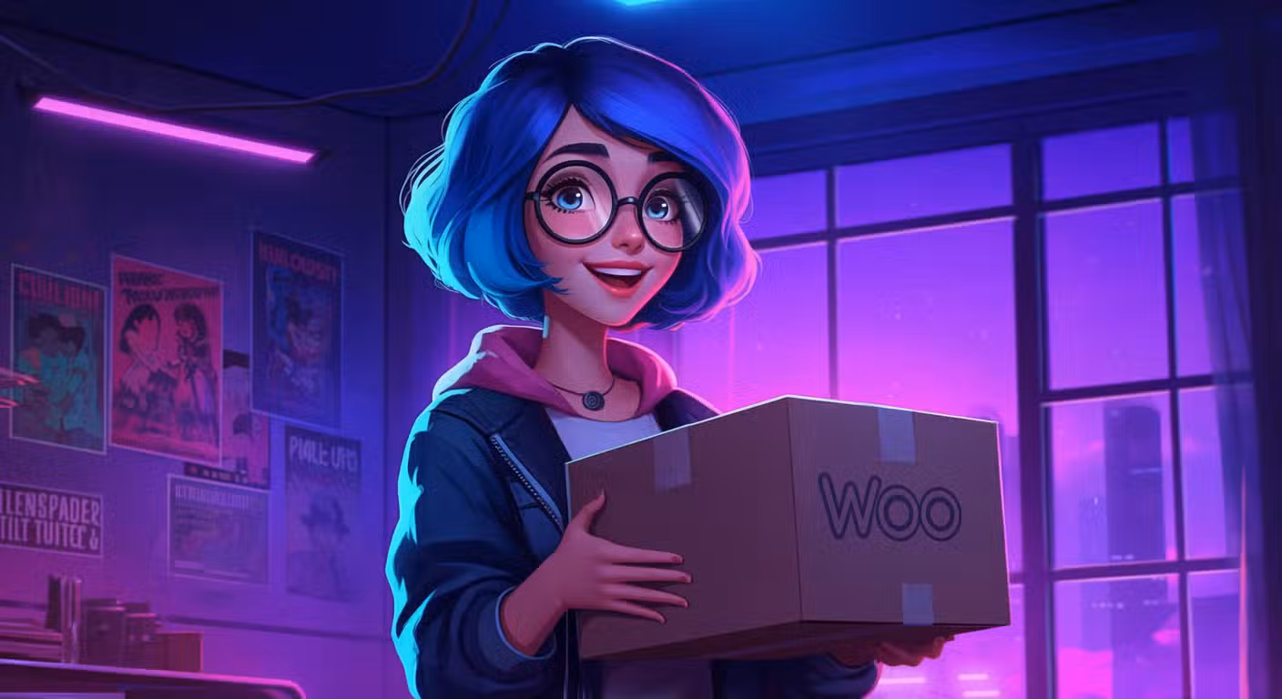 Graphic design. A young woman with a package with a logo of WooCommerce