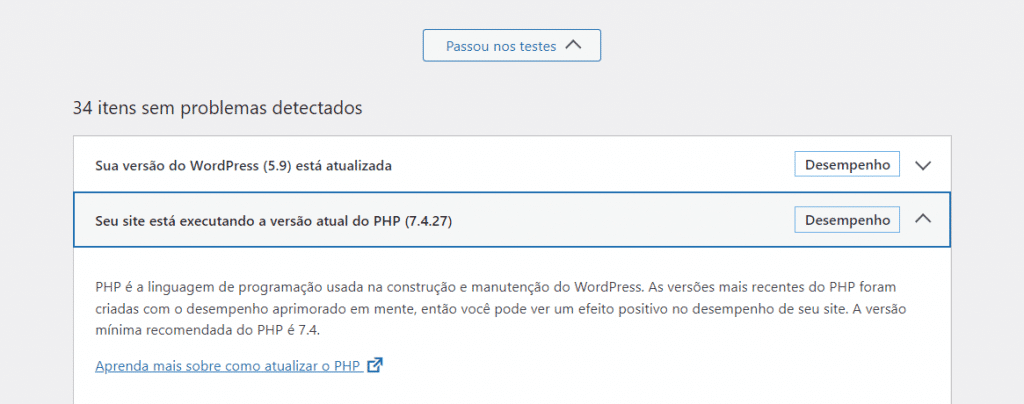 WordPress Health Check mostra  a versão do PHP