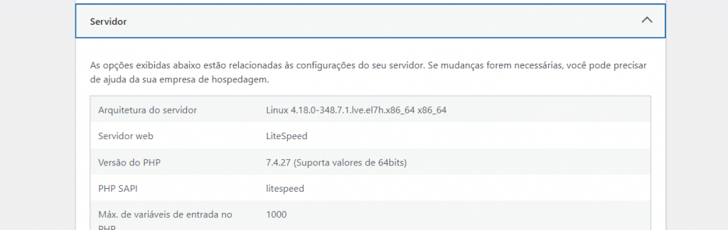 WordPress Health Check mostra  a versão do PHP