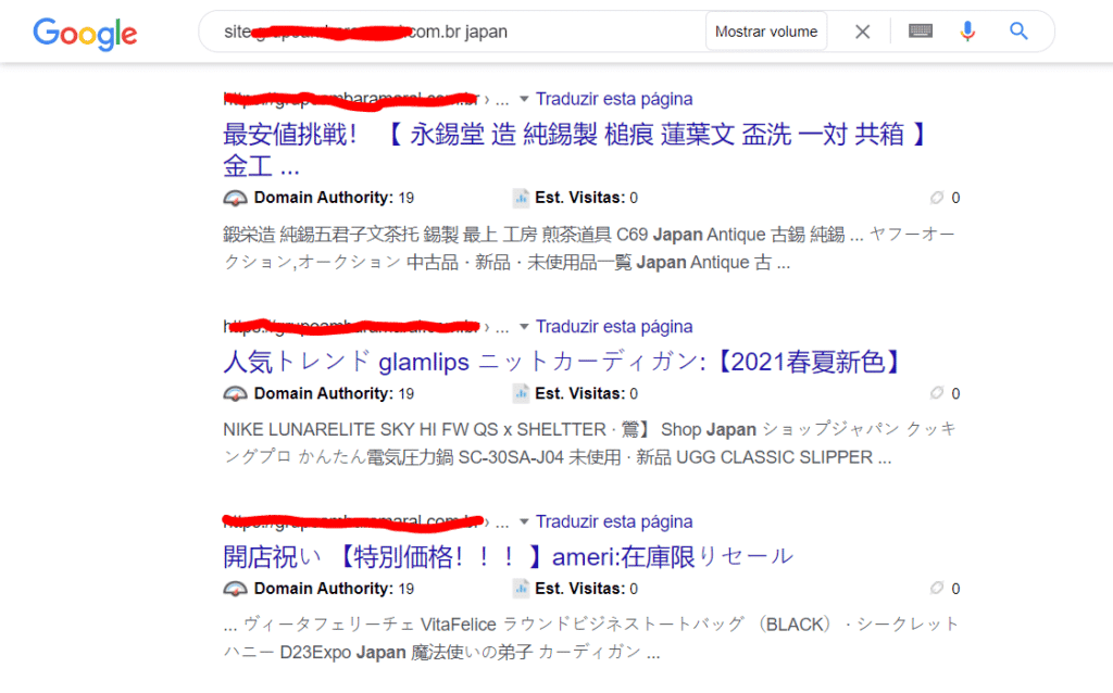 Palavras japonesas na SERP do Google